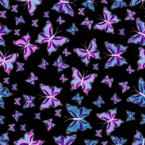 Mariposas Sobre Fondo Negro Violeta Rosa Sin Fin Diseño Con — Vector de stock