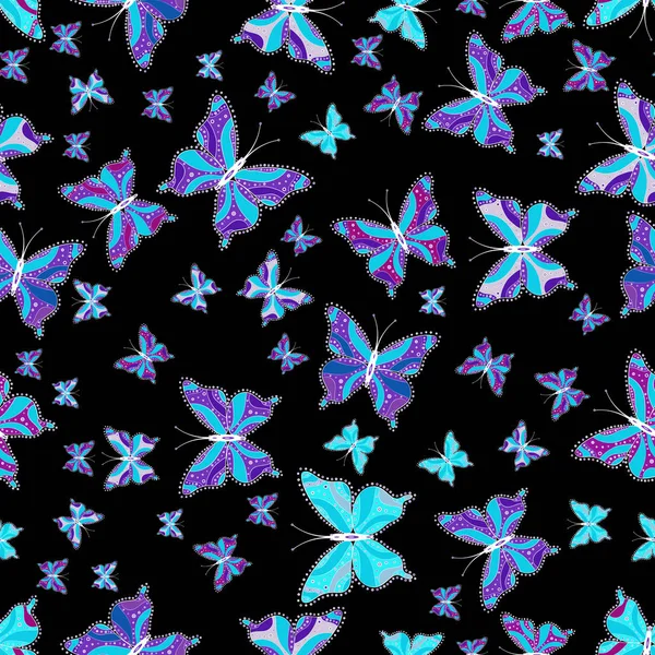 Modèle Sans Couture Papillons Sur Fond Noir Bleu Violet Mignon — Image vectorielle