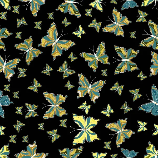 Vektör çizim. Sonsuz. Tekrar yazdır. Siyah, sarı ve mavi soyut suluboya kelebekler içinde ihale deniz mavisi ile sorunsuz arka plan deseni.