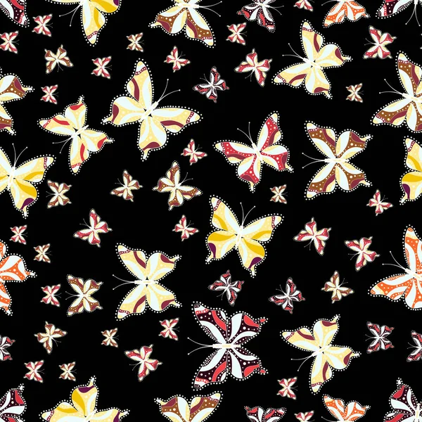 Doğada güzellik. Vektör. Siyah, tarafsız ve sarı arka plan üzerinde uçan güzel kelebek. Desen kumaş, tekstil, baskı ve davet için. Seamless modeli.