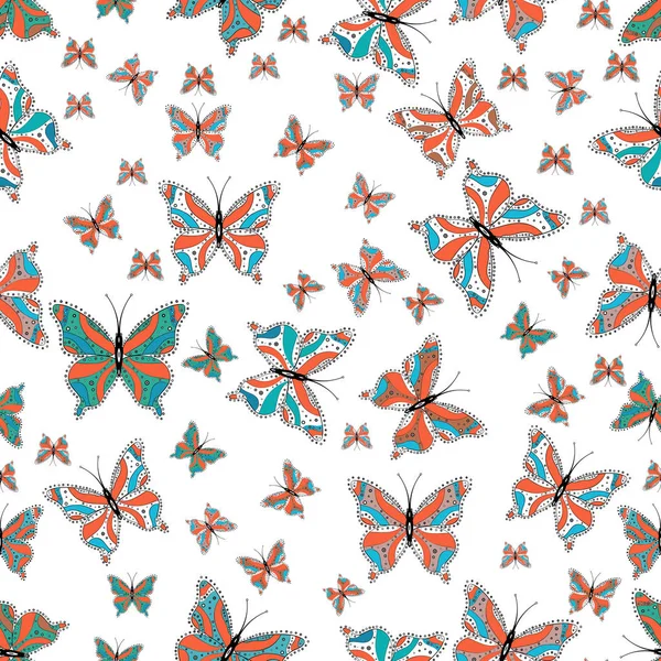 Colored Butterflies White Orange Blue Background Colorful Folk Vector Seamless — Stock Vector