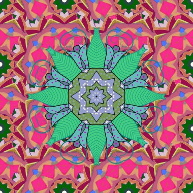 Vektör soyut desen. Pembe, yeşil, mavi, bej ve mor renkler renkli mandala çizilmiş.