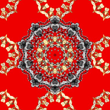 Seamless altın modeli. Çiçek desenli ile metal. Kırmızı, beyaz ve siyah renkleri altın elemanları ile. Vektör altın çiçek süsleme brokar Tekstil desen, beyaz doodles.