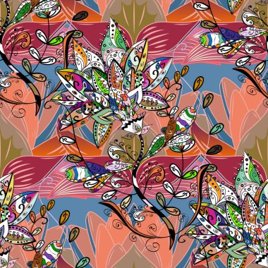 Suluboya yaprak ve çiçek, pembe, siyah, turuncu, mavi ve nötr renkler seamless modeli. Nazik, bahar çiçek pembe, siyah, turuncu, mavi ve nötr renkler. Vektör çizim.