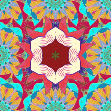 Bahar Tema Dikişsiz desen arka plan rengi. Mavi, sarı, bej, kırmızı ve pembe renklerde çiçekler. Sorunsuz çiçek desenli vektör çizim içinde. Düz çiçek öğeleri tasarım.