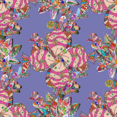 Stilize vektör şirin renk balık çocuk Tekstil, ambalaj kağıdı, mayo kumaş, paket için. Deniz renkli karikatür balıklar suda ile seamless modeli çocuklar. Vektör. Violet üzerinde balıklar pembe.