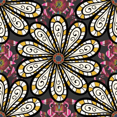 Sorunsuz çiçek deseni. Vektör çizim. Siyah, tarafsız ve gri renkler çiçekler. Asya Tekstil tarzında. Vektör çizim.