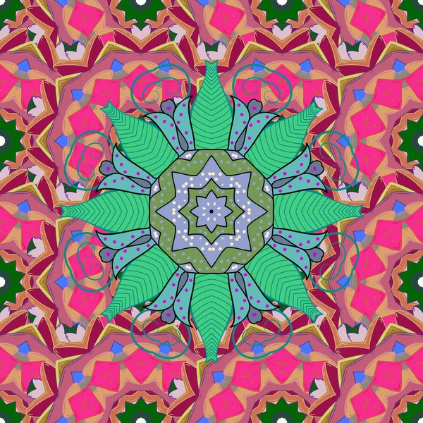 Patrón Abstracto Vectorial Mandala Dibujado Mano Color Rosa Verde Azul — Vector de stock