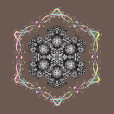 Soyut mandala ya da tuhaf kar tanesi çizgisi sanat tasarımı. Renkli arka planda izole tatlı kar taneleri. Vektör illüstrasyonu.