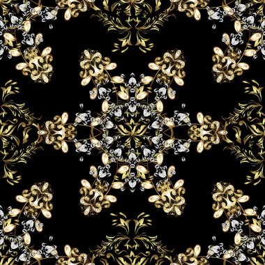 Altın elemanları ile siyah, beyaz, kahverengi renk desen. Vektör altın mehndi seamless modeli. Kına dövme, altın çıkartmalar, mehndi ve yoga tasarım, kartları, parmak izi ile süs çiçek öğeleri.