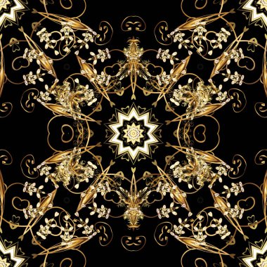 Seamless altın modeli. Vektör şark süsleme. Siyah renkler altın elemanları ile Seamless modeli.