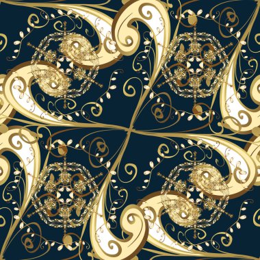 Vektör çizim. Vintage seamless modeli altın elemanları ile mavi, bej ve sarı renkler.