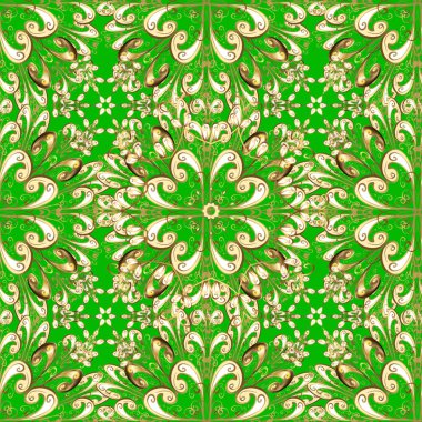 Yeşil, bej ve sarı renkler altın elemanları ile Seamless modeli. Klasik vektör altın Dikişsiz desen. Klasik vintage arka plan. Geleneksel şark süsleme.