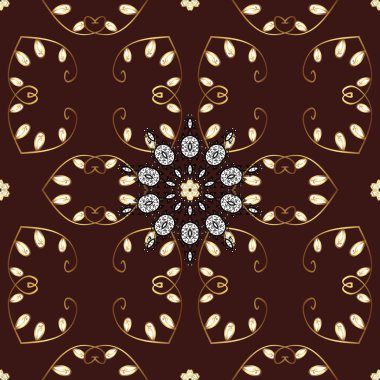 Çiçek fayans. Dikişsiz desen şark süsleme. İslam tasarım. Vektör altın tekstil baskı. Kahverengi, beyaz ve sarı renkleri altın elemanları ile altın desen.