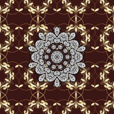 Noel, kar tanesi, yeni yıl. Kahverengi, beyaz ve siyah renkler beyaz karalamalar ile altın öğeleri ile Dikişsiz vintage desen.