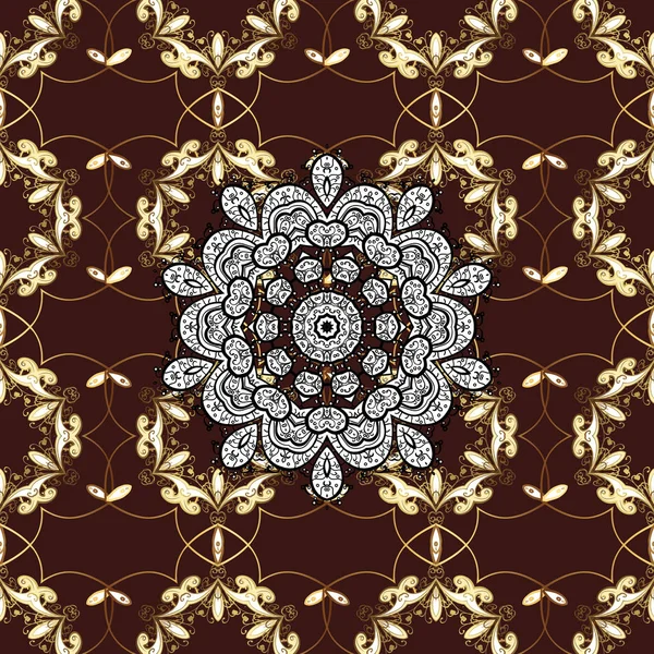 Noel, kar tanesi, yeni yıl. Kahverengi, beyaz ve siyah renkler beyaz karalamalar ile altın öğeleri ile Dikişsiz vintage desen.