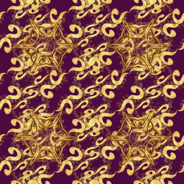 Damasko sorunsuz yinelenen desen. Altın çiçek süsleme barok tarzı. Mor, sarı ve kahverengi renkleri altın öğesinde. Antika altın yinelenebilir duvar kağıdı.