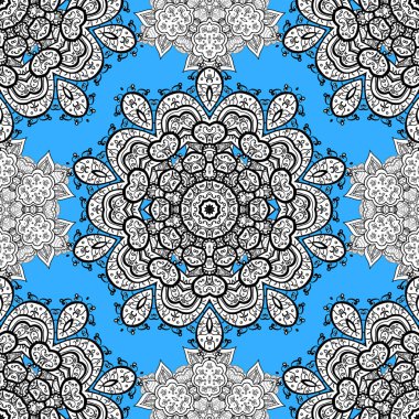 Anahat. Vektör doodle Dikişsiz desen etnik mandala süsleme beyaz, siyah ve mavi renkler ile.