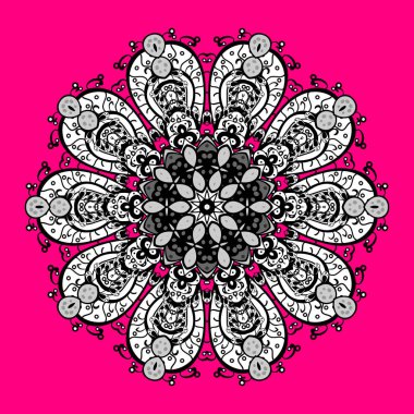 Vektör çizim. Yüzey, ambalaj kağıdı, pembe, siyah ve beyaz renkler için doku tekrarladı. Renkli arka plan üzerinde izole güzel kar taneleri. Kış kar tanesi, vektör arka plan.