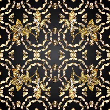 Vektör altın antika çiçek Ortaçağ dekoratif, yaprakları ve altın desen süsler gri, siyah ve beyaz renkleri ile seamless modeli. Sorunsuz kraliyet lüks altın Barok damasko vintage.
