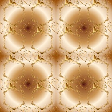 Oryantal vektör klasik bej, kahverengi ve sarı ve altın desen. Sorunsuz arka plan. Vektör çizim.