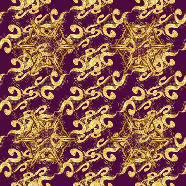 Damasko sorunsuz yinelenen desen. Altın çiçek süsleme barok tarzı. Mor, sarı ve kahverengi renkleri altın öğesinde. Antika altın yinelenebilir duvar kağıdı.