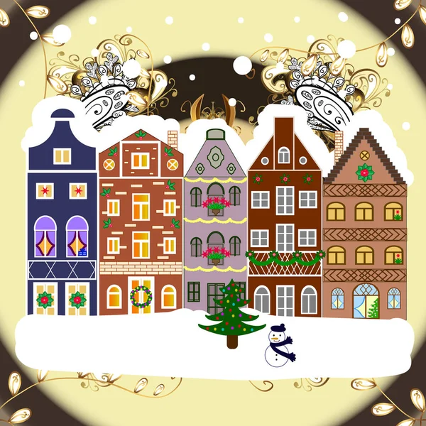 Evening Village Winter Landscape Snow Cove Houses Background Christmas Winter — Stock Vector