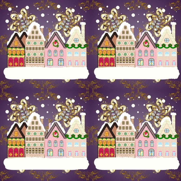 Paysage Hivernal Villageois Avec Maisons Crique Neige Sapin Noël Avec — Image vectorielle