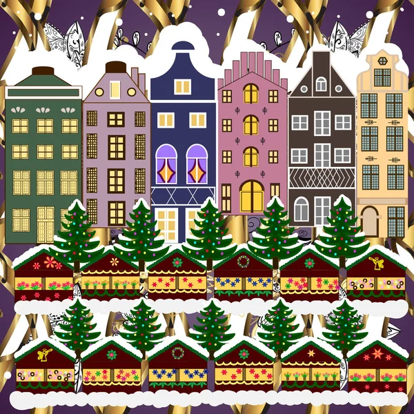 Evening City Winter Landscape Snow Cove Houses Christmas Tree Holidays — Stock Vector