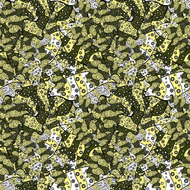 Elle çizilmiş çiçek elemanları ile soyut sorunsuz vektör desen. Nazik, siyah, sarı, yeşil, beyaz ve gri renkler üzerinde karalamalar.