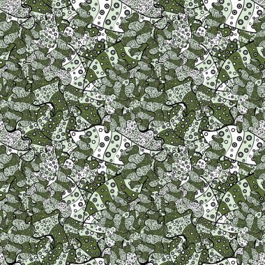 Vektör çizim. Düz karalamalar. Öğeleri tarafsız, siyah, yeşil, beyaz ve gri renkler. Tasarım. Şirin kumaş deseni. Sorunsuz Yazdır.