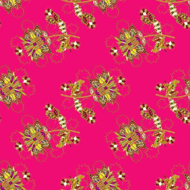 Renkli Bahar Temalı Kusursuz Arkaplan. Düz Çiçek Elementleri Tasarımı. Süslü kumaş deseni. Vektör illüstrasyonunda kusursuz çiçek deseni.