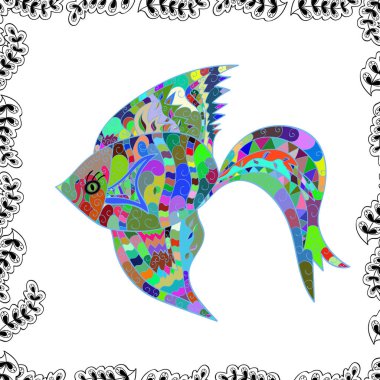 Nakış vintage balık, su seamless modeli, Japon desen. T-shirt tasarım. Vektör çizim. Klasik nakış, beyaz, mavi ve yeşil.