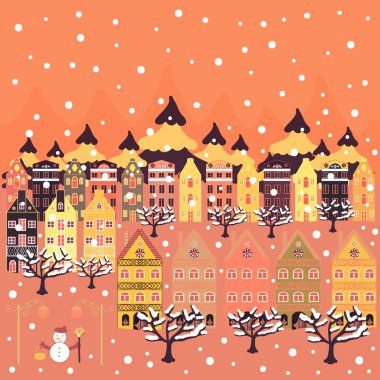 Turuncu, sarı ve mor renkler güzel binalar. Vektör çizim. Evler vektör arka plan doodle.