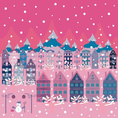 Olağandışı christmas illüstrasyon kartpostalda pembe, mavi ve nötr renkler. Vektör çizim. Peri ev şaşırtıcı büyülü ormanda Noel'de dekore edilmiş olan.