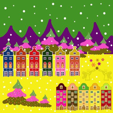 Peri ev şaşırtıcı Noel stili dekore edilmiştir. Yeşil, sarı ve mor renkler kartpostal. Olağandışı christmas illüstrasyon. Vektör çizim. Büyülü ormanda manzara.