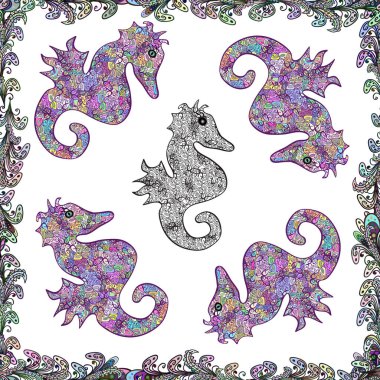 Vektör çizim. Soyut Dikişsiz desen duvar kağıdı, Giysi, Erkek, kız için. Beyaz, tarafsız ve mor renkler resimlerde. Vintage tarzı içinde. Deniz atı.