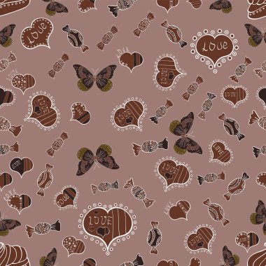Kahverengi çizgili lekeli. Vektör. Suluboya kalpler seamless modeli. Sembol, güzel, güzel, Romantik, tatil dekorasyon seviyorum. Elle çizilmiş illüstrasyon, izole, pembe, kahverengi ve beyaz arka plan