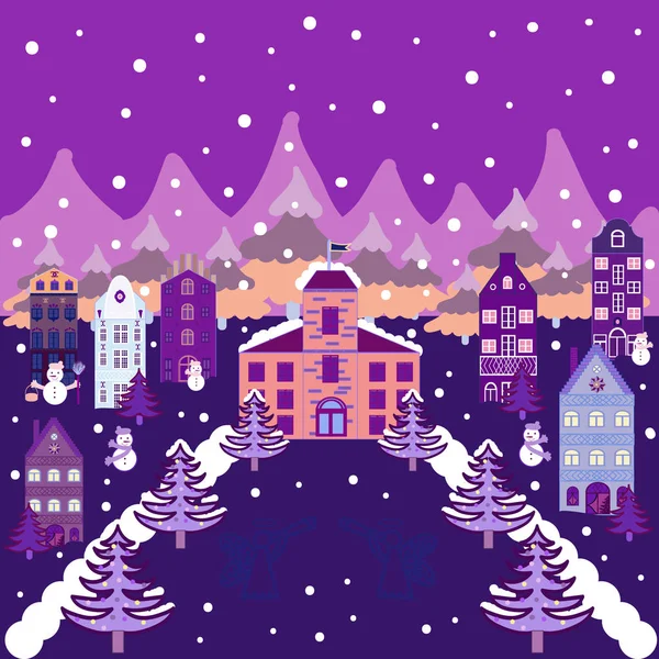 Bonitos Edificios Colores Violeta Púrpura Neutro Ilustración Vectorial Doodle Casas — Vector de stock