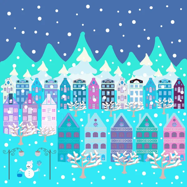 Vektorillustration Frohes Neues Jahr Frohe Weihnachtskarte Mit Haus Niedliche Gebäude — Stockvektor