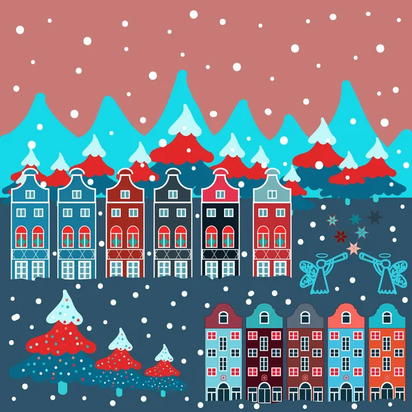 Yalnız ev bir tepe üzerinde. Kış. Dağ manzarası. Christmas illüstrasyon mavi, pembe ve kırmızı renkler. Bulutlu kış manzarası. Vektör.