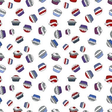 Güzel Doğum günü arka plan üzerinde beyaz, gri ve mavi. Tatlılar tasarım arka plan. Tatlı kek deseni ile Seamless modeli. Vektör çizim.