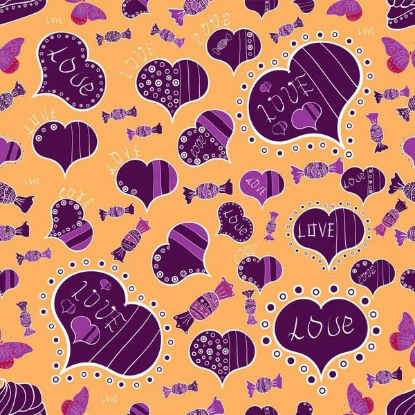 Ilustración Vectorial Textura Textura Fondo Amarillo Morado Blanco Corazones San — Vector de stock