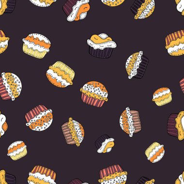 Vektör çizim. Kağıt ambalaj. Kek ile sorunsuz. Mor, beyaz ve sarı gıda afiş tasarımı için.