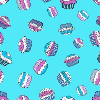 Çikolatalı Doğum günü tatlı kek illüstrasyon. Mavi, beyaz ve mor çizgi film kesintisiz lezzetli çörekler ve muffins vektör.