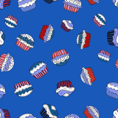 Kağıt ambalaj. Vektör çizim. Mavi, beyaz ve siyah renk. Sonsuz desen, mavi, beyaz ve siyah arka plan. Dikişsiz desen tatlı tatlılar. Krem.