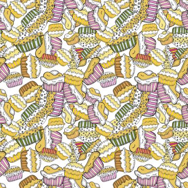 Seamless modeli. Sorunsuz arka plan kek. Vektör çizim. Sulu boya resim. Cupcake, macaron, kurabiye. Şirin Doğum günü arka plan üzerinde beyaz, sarı ve siyah.