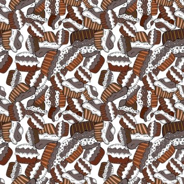 Çikolatalı doğum günü tatlı kek illüstrasyon. Sorunsuz lezzetli çörekler ve muffins kahverengi çizgi film, beyaz ve siyah vektör.