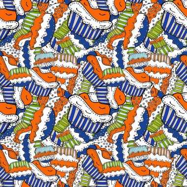 Şirin Doğum günü beyaz, turuncu ve siyah arka plan. Tatlılar tasarım arka plan. Vektör çizim. Soluk beyaz, turuncu ve siyah seamless modeli kekler.