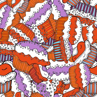 Seamless.Colorful ve tatlı zaman beyaz, turuncu ve siyah izole ortada yazılı ile farklı cupcakes. Vektör çizim.